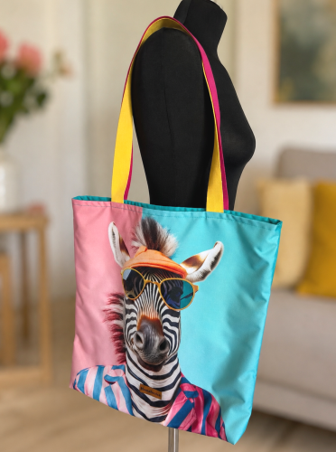 Ta shoperka prosi się o wakacje, różowo niebieskie tło a na nim zakręcona wakacyjna zebra w okularach i garniturze. Całość uszyta z tkaniny wodoodpornej więc idealnie sprawdzi się na plaży, spacerze czy miejskim życiu.