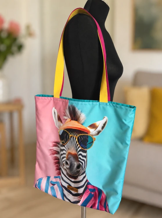 Ta shoperka prosi się o wakacje, różowo niebieskie tło a na nim zakręcona wakacyjna zebra w okularach i garniturze. Całość uszyta z tkaniny wodoodpornej więc idealnie sprawdzi się na plaży, spacerze czy miejskim życiu.